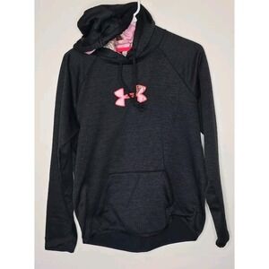 Under Armour Hoodie Womens S Black Pink Camo Logo Kangaroo Pocket Drawstring